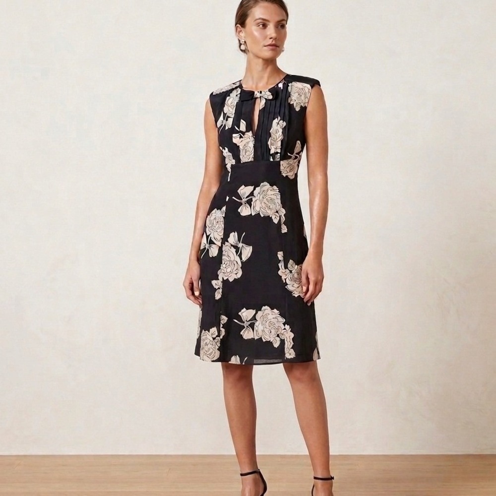 NWT Tracy Reese New York 100% Silk Fit and Flare Frock Dress Black Rose Floral 8